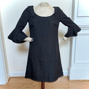 JUICY COUTURE Black Crinkle
Silk Scoop Neck Mini Dress with Flutter Bell Sleeves